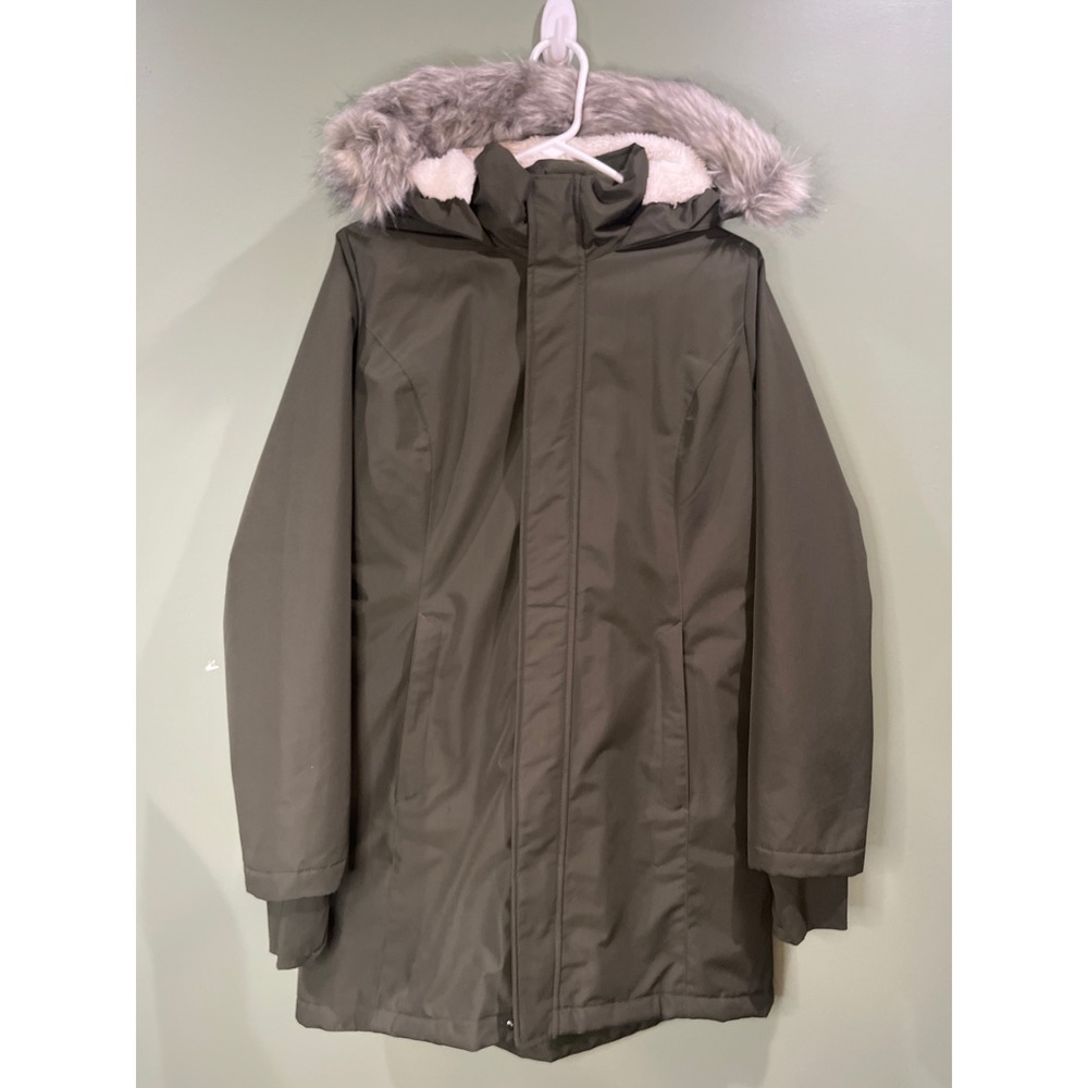 Womens Medium Olive Green Faux Fur Trim with Sherpa Parka Jacket Coat Thumbholes